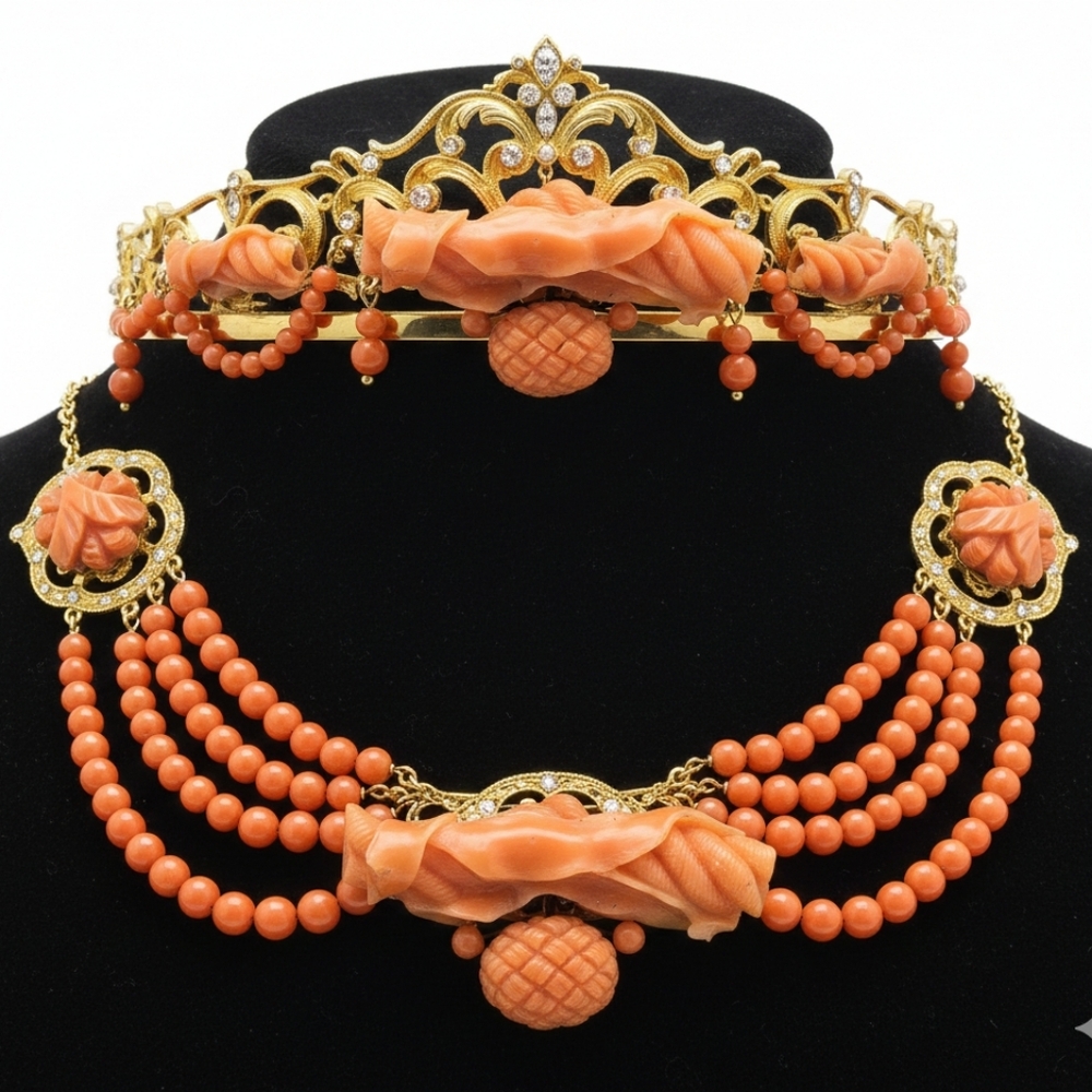 Antique Victorian Carved Coral Pendant Brooch 12k Gold Rope Ribbon Basket Tiara - Picture 9 of 9